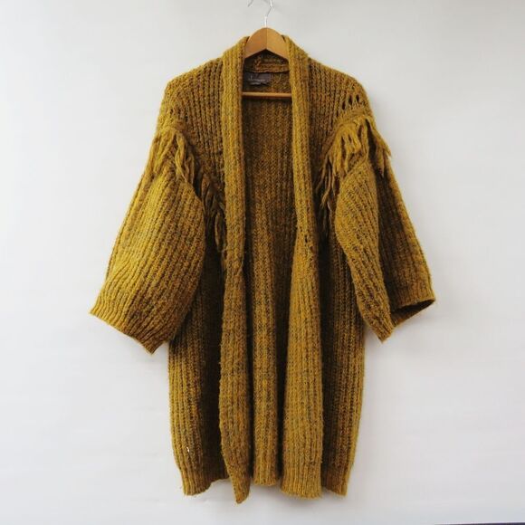 Anthropologie OS Stevie Boho Fringe Marled Knit Mustard Yellow Cardigan Sweater - Picture 15 of 15